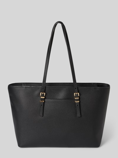 Produktfoto, czarna torebka z ziarnistą fakturą, złote detale z logo, model 'Qiunn' od MICHAEL Michael Kors, główna przegroda z zamkiem błyskawicznym, smukłe paski na ramię, szerokość w rozmiarze 1: 45 cm, długość w rozmiarze 1: 28 cm, głębokość w rozmiarze 1: 15 cm, długość paska na ramię w rozmiarze 1: 69 cm