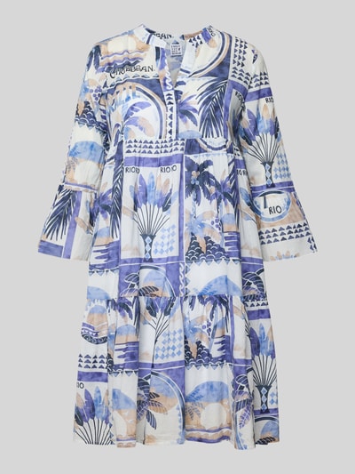 Produktfoto, Tunikakleid im Allover-Look mit V-Ausschnitt von Emily Van den Bergh, A-Linie, reine Baumwolle, blaue und beige Muster, lockere Textur