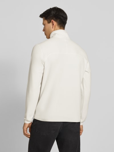Männermodel trägt Fleecepullover mit Reißverschluss Modell 'GLACIER' von The North Face in Weiß, Label-Stitching, Regular-Fit, Stehkragen, Rückenlänge 70 cm, Ärmellänge 67 cm, Ganzkörperansicht Rückansicht.