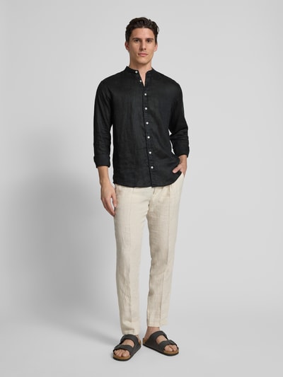 Fynch-Hatton Regular fit linnen overhemd met opstaande kraag Zwart - 1