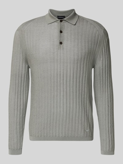 Produktfoto, Slim Fit Pullover aus Lyocell-Mix mit Schurwoll-Anteil von Emporio Armani in Hellgrau, Strick-Optik, Polokragen, Langarm, dezentes Logo-Stitching, elastische Abschlüsse.