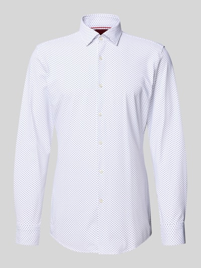 Produktfoto, Slim Fit Businesshemd mit Kentkragen Modell 'KENNO' von HUGO, efekt: wzór na całej powierzchni, krój slim fit, kołnierzyk typu kent, jednorzędowa listwa guzikowa, wyhaftowane logo, pas na plecach, długi rękaw, mankiety, zaokrąglone wykończenie