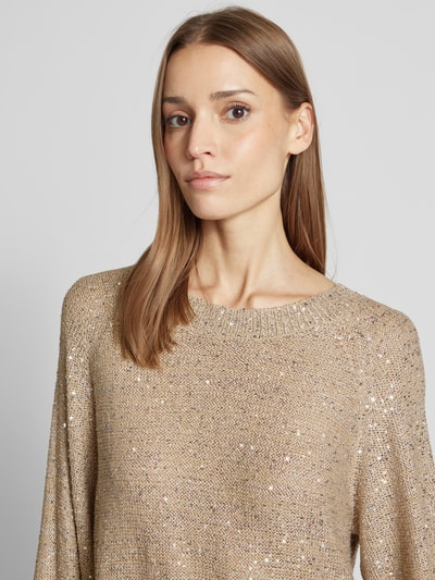 Vero Moda Regular Fit Strickpullover mit Paillettenbesatz Modell 'LEILANI' Metallic Beige Melange 3