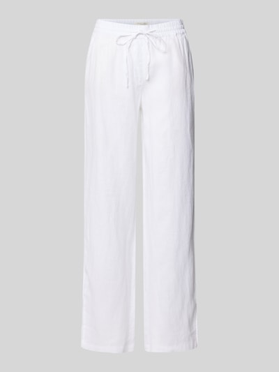 Produktfoto, Leinenhose mit elastischem Bund und Gesäßtaschen von Christian Berg Woman aus Reinem Leinen im Regular-Fit, weiße Stoffhose mit glatter Oberfläche, sichtbare Bundweite und Innenbeinlänge bei Größe 36, lockerer Schnitt
