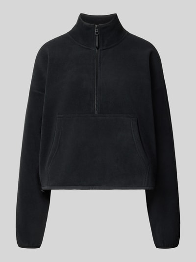 Produktfoto, Relaxed Fit Pullover Troyer-Kragen Modell 'Polar' od Fabletics, kurtka z polaru, długi rękaw, kieszeń kangurka, jednolity czarny kolor, gładka tekstura