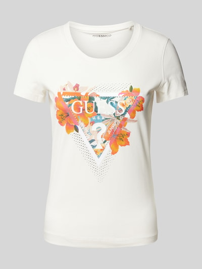 Guess T-shirt z nadrukiem z logo i motywem model ‘TROPICAL TRIANGLE’ Złamany biały 2