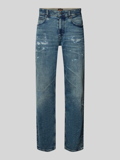 Produktfoto, Tapered Fit Jeans aus Baumwoll-Mix Modell 'TROY' von BOSS Orange, Denim-Optik mit Destroyed-Details, Label-Patch und Nieten, 5-Pocket-Design