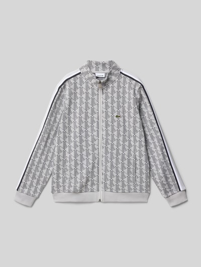 Produktfoto, Regular Fit Sweatjacke aus Baumwoll-Mix von Lacoste, szary wzór z logo na całej powierzchni, lampasy, mieszanka bawełny