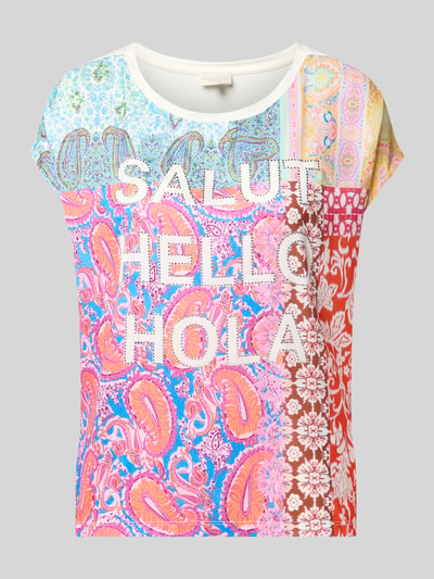 Produktfoto, T-Shirt mit Viskose-Anteil von Milano Italy, bunt gemustert mit Ziersteinen, Statement-Print, lockere Passform, Damen T-Shirt, Material-Mix, Kurzarm, Rückenlänge 56 cm bei Größe S
