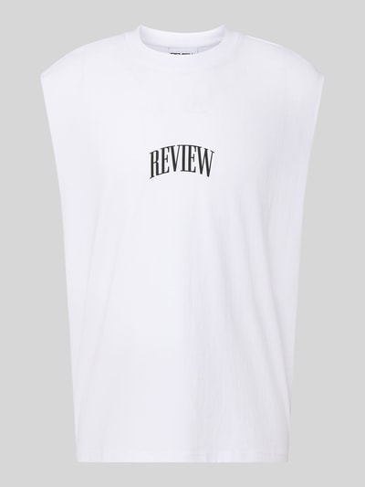 Produktfoto, Muskelshirt mit Logo und Rundhalsausschnitt von REVIEW in Weiß, Reine Baumwolle, Regular-Fit, Logo, Rückenlänge 68 cm Größe M