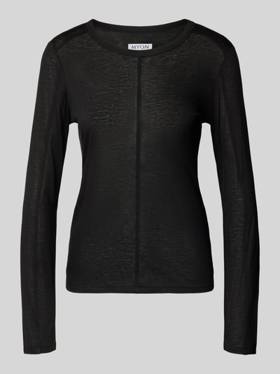Produktfoto, Longsleeve in semi-transparenter Optik von MYON, taillierter Schnitt, Rundhalsausschnitt, Ziernaht, Lyocell-Mix mit Woll-Anteil, Rückseite 61 cm bei Größe 36, schwarze Farbe, feine Textur