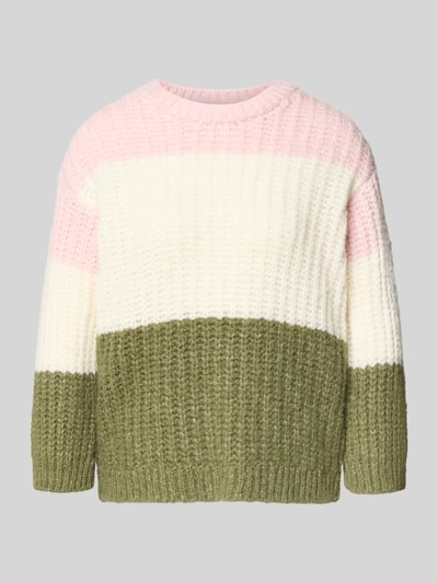 Produktfoto, Strickpullover mit Rundhalsausschnitt von More & More im Grobstrick, Relaxed-Fit, Material-Mix mit Baumwoll-Anteil, breite Farbstreifen in Rosa, Weiß und Olivgrün.