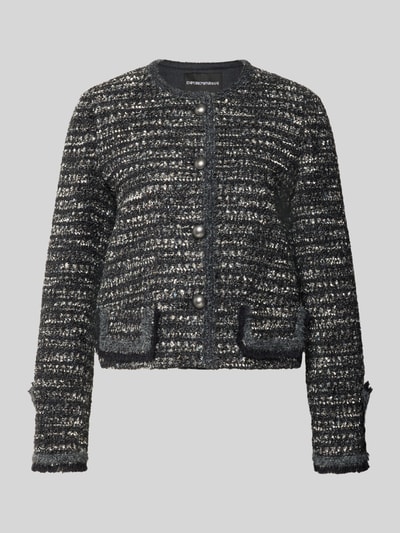 Produktfoto, Blazer mit Effektgarn von Emporio Armani in Bouclé-Optik mit Rundhalsausschnitt und Fransen, Struktur in Schwarz und Grau