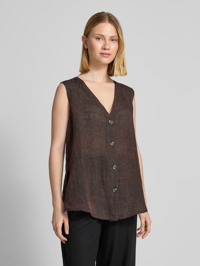 Christian Berg Woman Blousetop van linnen met knoopsluiting Chocoladebruin - 4
