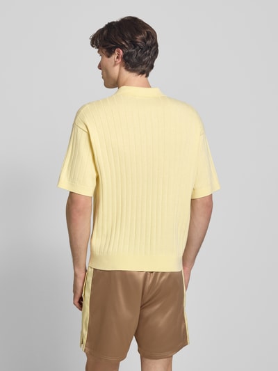 Männermodel trägt Regular Fit Strick-Poloshirt mit Label-Stitching von BLKVIS in Gelb, Ripp-Optik, Reine Baumwolle, Rückenlänge 68 cm, Ganzkörperansicht Rückansicht.