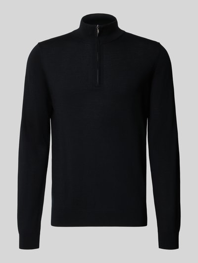 Produktfoto, Strickpullover aus Wolle mit Reißverschluss von Profuomo, schwarze Farbe, Stehkragen, Slim Fit, glatte Textur, Rückenlänge 69 cm, Ärmellänge 65 cm