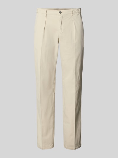 Produktfoto, Relaxed Fit Hose mit Bügelfalten von Profuomo aus Baumwoll-Elasthan-Mix in Beige, Gesäßtaschen, Bundweite 45 cm, Innenbeinlänge 84 cm bei Größe 50.