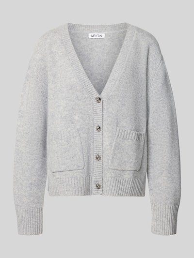 Produktfoto, Strickjacke aus Woll-Mix mit Kaschmir-Anteil von MYON in Hellgrau, lockere Passform, Knopfleiste, gerippte Abschlüsse