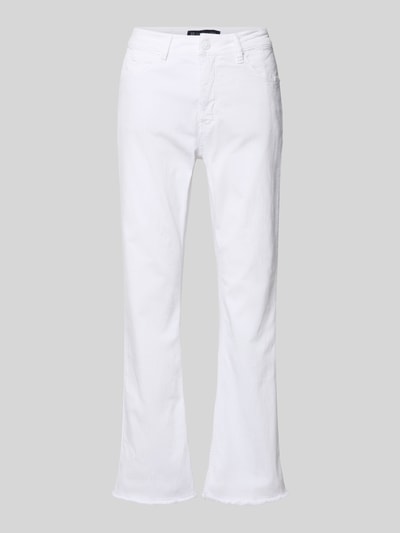 Produktfoto, Straight Fit Jeans im 5-Pocket-Design von Raffaello Rossi, weiß, Elastischer-Material-Mix, Beinabschlüsse: Fransenbesatz, verkürzt, Knopf-Reißverschluss, Bundweite 41 cm, Innenbeinlänge 67 cm, Größe 36, glatte Textur