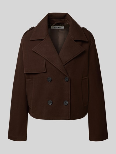 Produktfoto, Regular Fit Jacke mit doppelter Knopfleiste von REVIEW in dunklem Braun, Reverskragen und Eingrifftaschen, glatte Textur