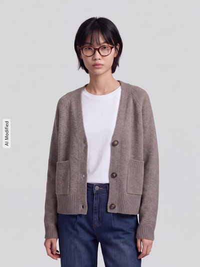Frauenmodel trägt Oversized Strickjacke mit Woll-Anteil Modell 'BOOM' von VERO MODA in Beige mit Knöpfen, glatter Struktur, Nahaufnahme Oberkörper, KI-modifiziertes Bild.