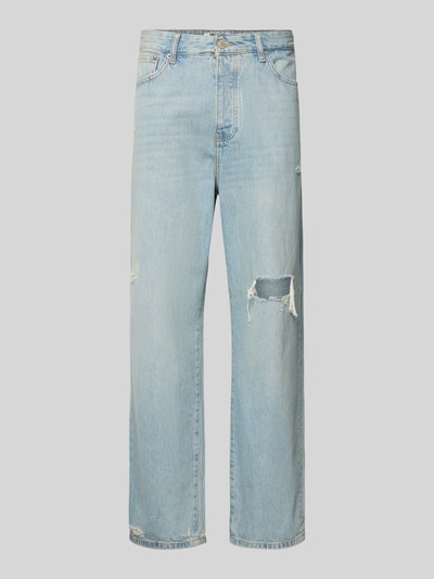 Produktfoto, Loose-Fit Herren Jeans aus reiner Baumwolle Modell 'FADE' von Only & Sons in Denim-Optik mit Destroyed-Details, Label-Patch, Nieten, Gürtelschlaufen, Knopf und verdecktem Reißverschluss, 5-Pocket-Design, helle blaue Farbe, glatte Baumwollstruktur.