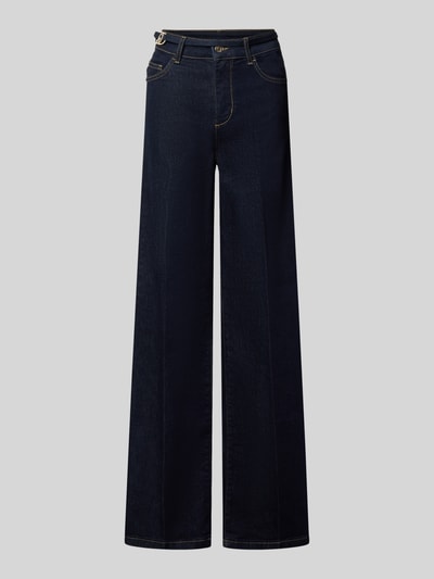 Productfoto, Flared Fit Jeans aus katoenmix van Liu Jo White in donkerblauw met logodetail en 5-pocketmodel, knoop- en ritssluiting. Context: Dames jeans van Liu Jo White, elastische katoenmix, flared fit, logodetail, 5-pocketmodel, knoop- en ritssluiting, bandwijdte bij maat 27: 36 cm, binnenbeenlengte bij maat 27: 83 cm.