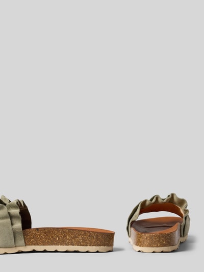 Productfoto, Slipper uit echt leer model 'Rocio' van Verbenas voor dames, afgeronde pasvorm, met ruches en profielzool, open hiel, hakhoogte maat 40: 3 cm, groen met kurk-look zool, gladde textuur
