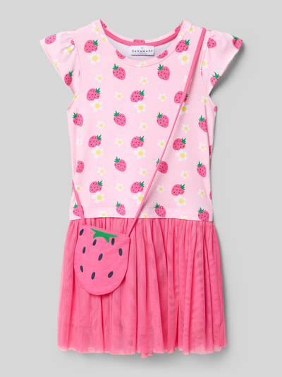 Productfoto, Regular Fit jurk met motiefprint van DANAMADE, kinderen, katoenmix, ronde hals, kapmouwen, mesh, plooienlook, ruglengte maat 116: 62 cm, mouwlengte maat 116: 6 cm