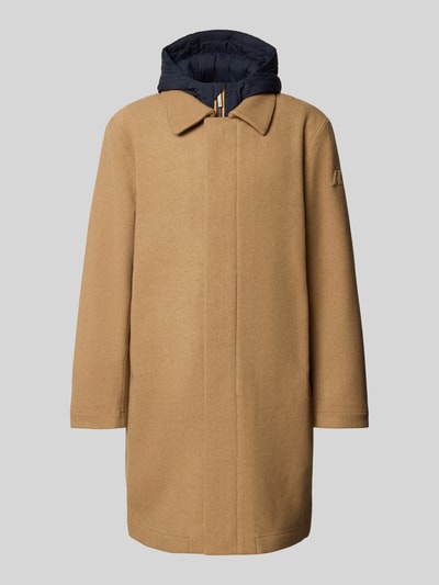 Produktfoto, Jacke aus Woll-Mix im 2-in-1-Look Modell 'POIROL' von K-WAY in Beige mit dunkelblauem Einsatz, glatte Struktur, Regular Fit, Rückenlänge 102 cm, Schulterbreite 54 cm, Brustweite 64 cm, Ärmellänge 67 cm