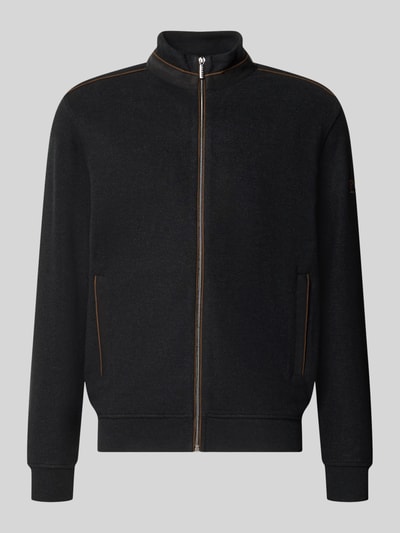 Produktfoto, Sweatjacke mit Label-Details von bugatti in Schwarz mit braunen Akzenten, Baumwollmischung, gerader Schnitt, Stehkragen, seitliche Taschen, elastische Abschlüsse