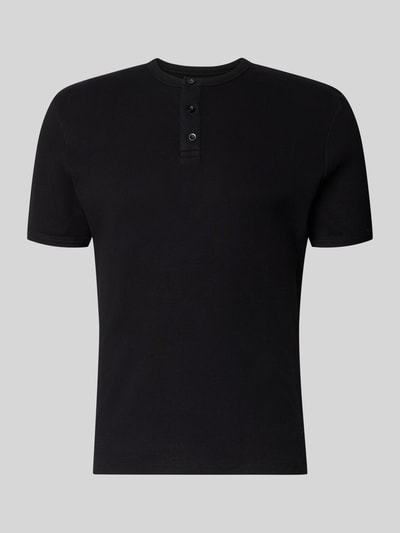 Produktfoto, T-Shirt mit kurzer Knopfleiste von REVIEW, Schwarz, Baumwoll-Mix mit Stretch-Anteil, Körpernaher-Schnitt, Feinripp, Rundhalsausschnitt