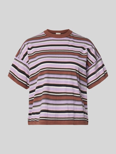 Produktfoto, T-Shirt mit überschnittenen Schultern von Stefanel, damski t-shirt z bawełny, prosty krój, prążkowany okrągły dekolt, długość tyłu w rozmiarze S: 53 cm, długość rękawów w rozmiarze S: 12 cm, kolorowe paski, gładka faktura