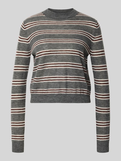 Produktfoto, Strickpullover mit Rundhalsausschnitt Modell 'PEQUE' von Mango, Material-Mix mit Alpaka-Anteil, Regular Fit, grau mit Streifen. Damen, Rückenlänge 49 cm, Ärmellänge 63 cm, Größe S.