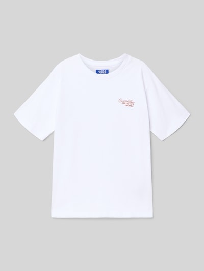 Produktfoto, weißes T-Shirt mit kleinem roten Label-Print, reine Baumwolle, Regular Fit, Modell 'ROAR' von Jack & Jones, glatte Textur