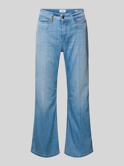 Produktfoto, Wide Leg Jeans aus Baumwoll-Mix Modell 'FABIENNE' von Cambio in heller Denim-Optik, Wide-Leg-Pants, Cropped-Länge, Label-Applikation aus Metall, Label-Patch, Gürtelschlaufen, Knopf und verdeckter Reißverschluss, angedeutete Pattentaschen, Gesäßtaschen, glatte Textur, Passform: Wide Leg.