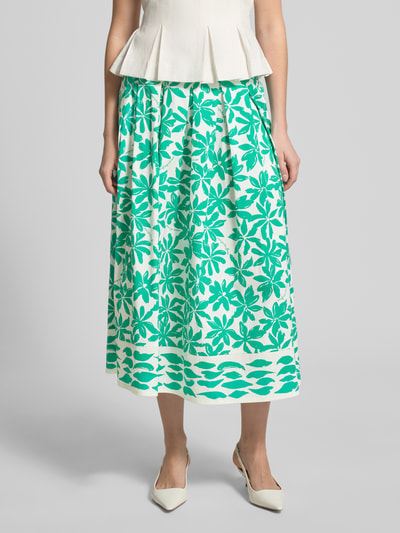 Kobiece modelka nosi spódnica plisowana im Allover-Look mit elastischem Bund von ROBE LÉGÈRE, mieszanka bawełny i elastanu, linia a, spódnica midi, wzór na całej powierzchni, elastyczny pas, szerokość w rozmiarze 36: 34 cm, całkowita długość w rozmiarze 36: 84 cm, pełny widok od przodu.