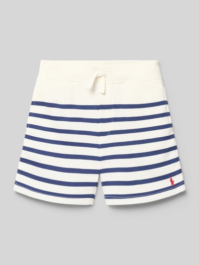 Produktfoto, Regular Fit Sweatshorts aus katoenmix van Polo Ralph Lauren Kids, look: all-over streepmotief in wit en blauw, labelstitching-applicatie, elastische geribde boord, zijsteekzakken, sweat-materiaalverwerking