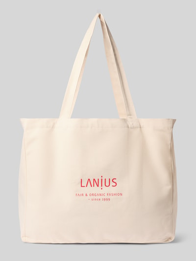 Produktfoto, Tragebeutel mit Statement-Print von Lanius aus Reine Baumwolle in Beige mit langem Tragegriff, offenem Hauptfach und Innenfach, Statement-Print in Rot, Maße 64 cm Breite, 45 cm Länge, 18 cm Tiefe, 72 cm Schulterriemen.
