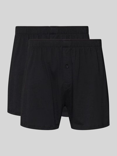 Produktfoto, Boxershorts mit elastischem Bund im 2er-Pack von Christian Berg Men aus reiner Baumwolle in Schwarz, lockerer Schnitt, Knopfverschluss