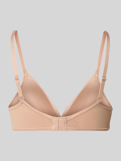 Produktfoto, beiger Slim Fit Push-Up BH mit Spitzenbesatz Modell 'Go Blush' von Sloggi, verstellbare Schulterriemen, glatte Textur.