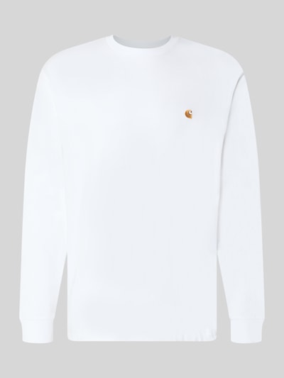 Produktfoto, weißes Longsleeve mit Label-Stitching von Carhartt Work In Progress aus reiner Baumwolle, Relaxed Fit, Rundhalsausschnitt