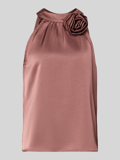 Produktfoto, Blusentop aus Satin mit floraler Applikation Modell 'Rosette' von Neo Noir in Rosé, Regular-Fit, Neckholder, Rückseitiger Knopfverschluss, glatte Oberfläche, Rückenlänge bei Größe 36: 61 cm