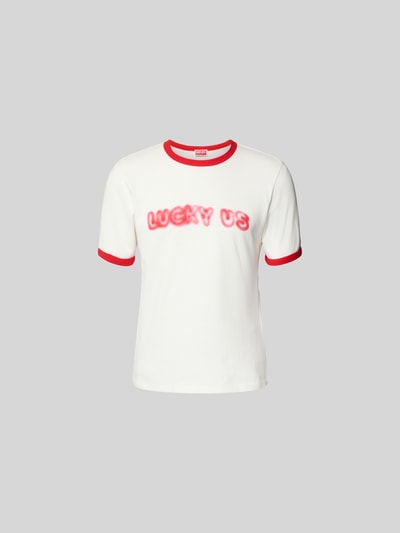 Produktfoto, Regular Fit T-Shirt aus reiner Baumwolle von Kenzo, Herren T-Shirt mit Rundhalsausschnitt und Statement-Print, kurzärmeliges Design, Rückenlänge 64 cm bei Größe M, weiß mit roten Akzenten.