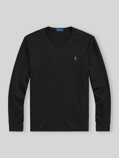 Produktfoto, schwarzes Regular Fit Langarmshirt aus reiner Baumwolle Modell 'PIMA' von Polo Ralph Lauren vor grauem Hintergrund