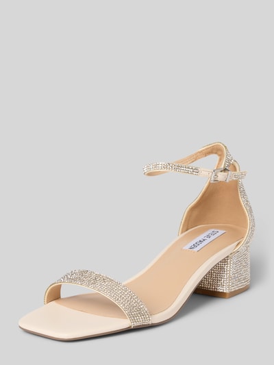 Produktfoto, Sandalette mit Strasssteinbesatz Modell 'Gena' von Steve Madden, beiger Ton, eckige Form, Blockabsatz 4 cm, glatte Sohle