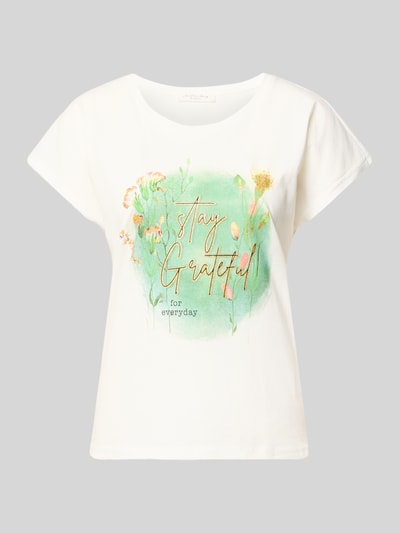 Produktfoto, Regular Fit T-Shirt aus Viskose-Mix mit Statement-Print von Christian Berg Woman, weiß mit grünem und rosafarbenem Print, Damen T-Shirt, Rundhalsausschnitt, Rückenlänge 55 cm bei Größe S, glatte Textur