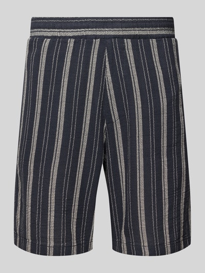 Produktfoto, Shorts mit elastischem Bund und Logo-Detail von REVIEW, mieszanka bawełny, krój regular fit, elastyczny pas, detal z logo, szerokość w rozmiarze M: 42 cm, długość wewnętrzna nogawki: 20 cm, pionowe paski w odcieniach granatu i bieli, wyczuwalna faktura materiału
