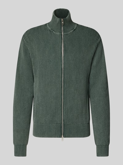 Produktfoto, gebreid jack van puur katoen met opstaande kraag Model 'MATTHEW' van Redefined Rebel, Riblook in donkergroen, slim fit, tweewegritssluiting, met lange mouwen, ribboorden, ruglengte maat M 67 cm, mouwlengte maat M 72 cm
