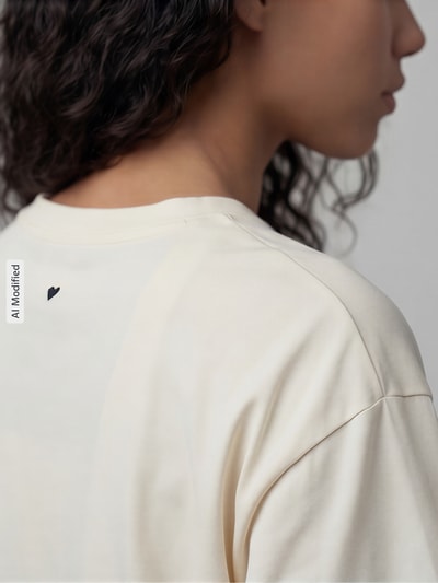 Frauenmodel trägt T-Shirt mit 1/2-Arm von Jake*s Casual aus reiner Baumwolle, lockerer Schnitt, cremefarben, Detailaufnahme Rückansicht.
